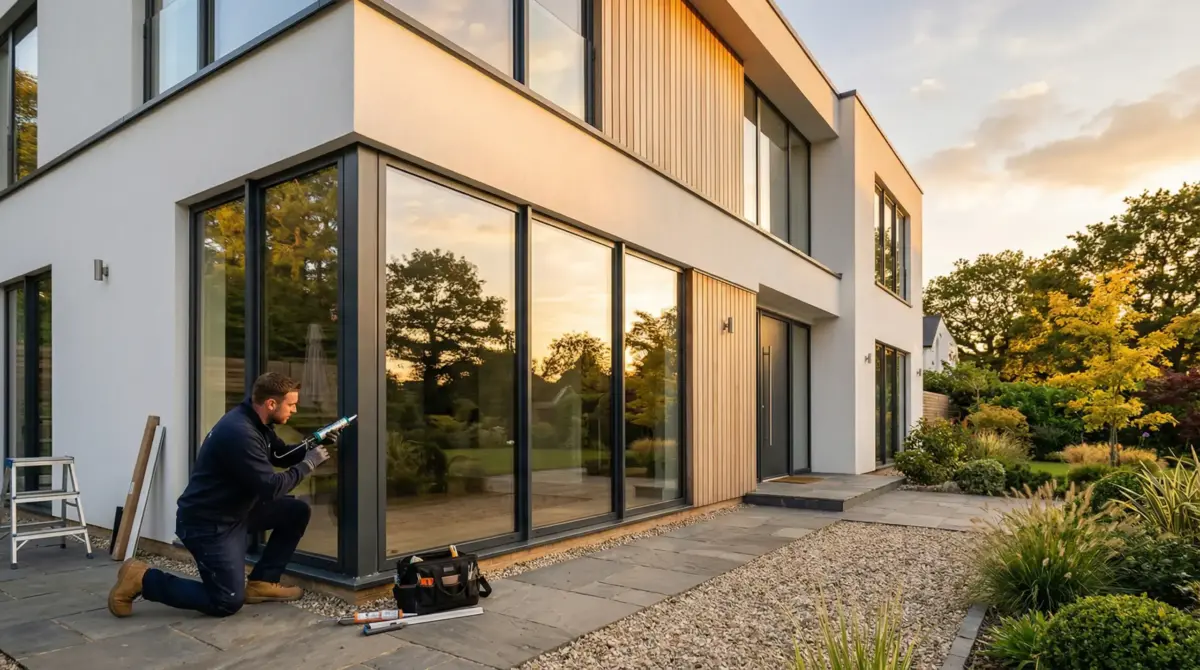 Monteur dichtet eine große Fensterfront an einem modernen Wohnhaus im Abendlicht ab