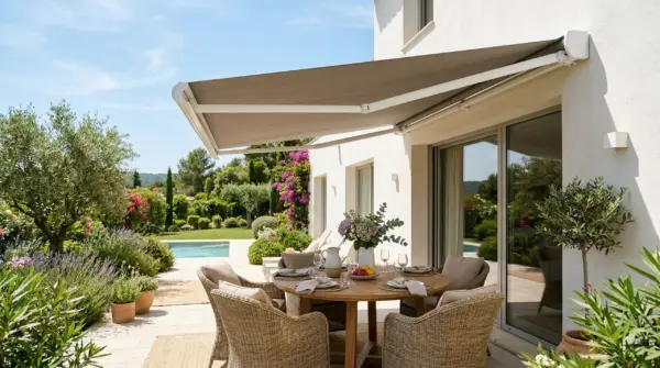 Ausgefahrene Gelenkarmmarkise über einer gedeckten Terrasse mit Gartenblick