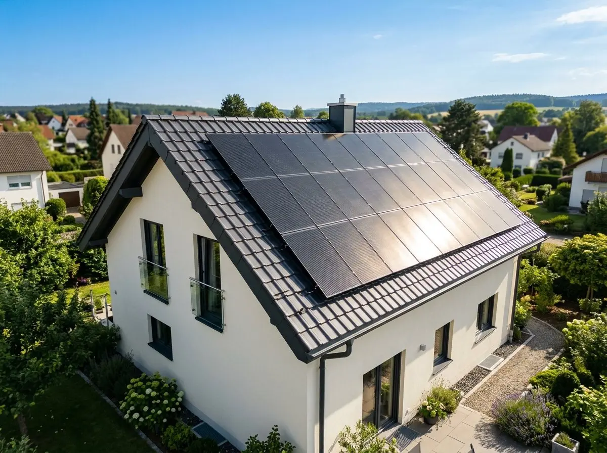 Luftaufnahme eines Einfamilienhauses mit Photovoltaikanlage auf dunklem Ziegeldach